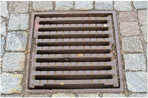 Dagvattenbrunn i gatan.